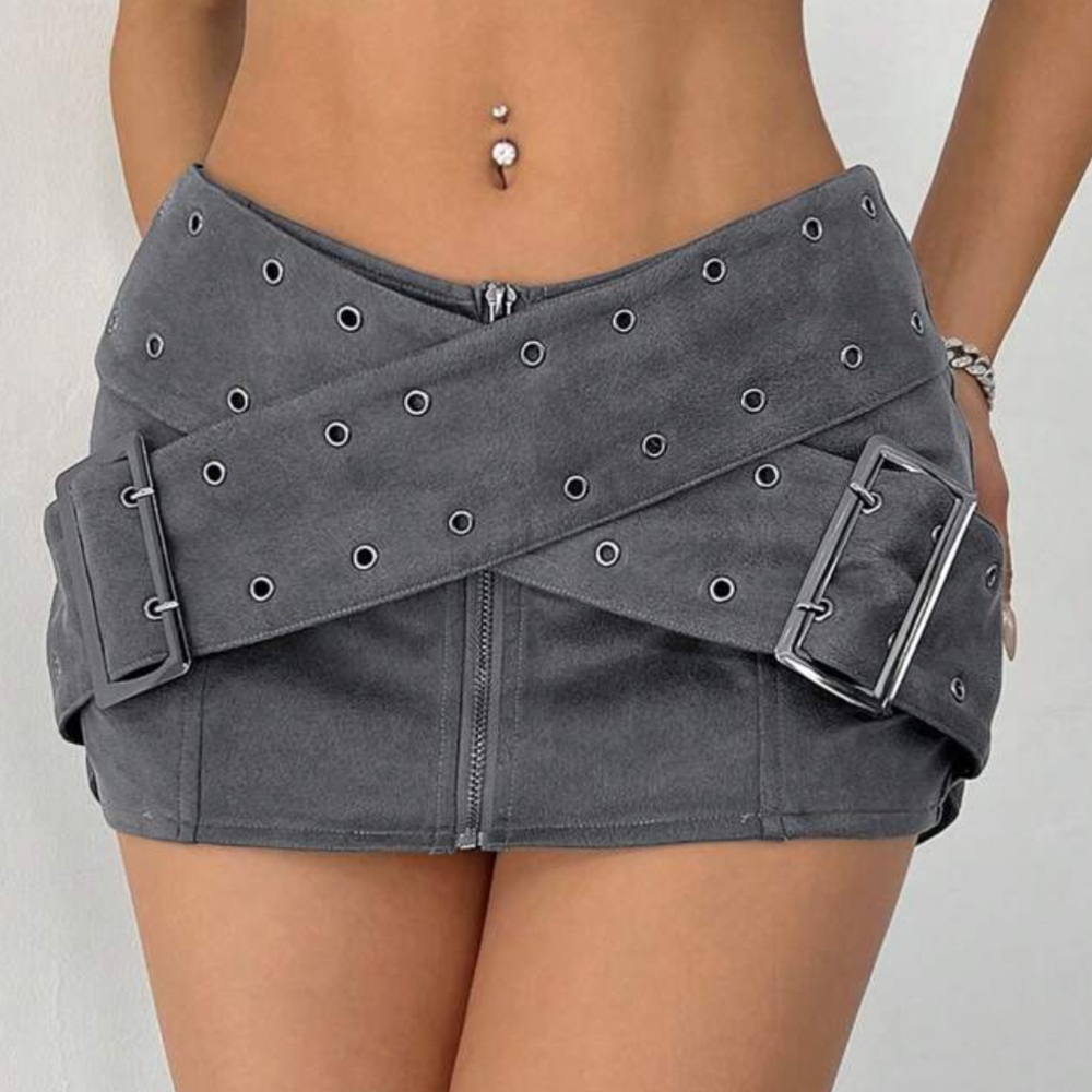 Gray Mini Skirt with Buckle Detail